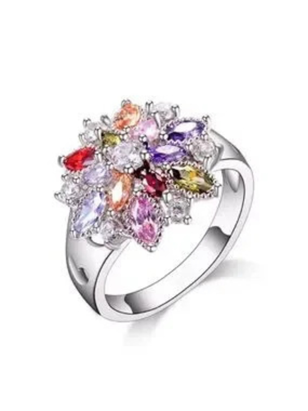 Multi-Color Flower Cluster Silver Ring - Women Jewelry